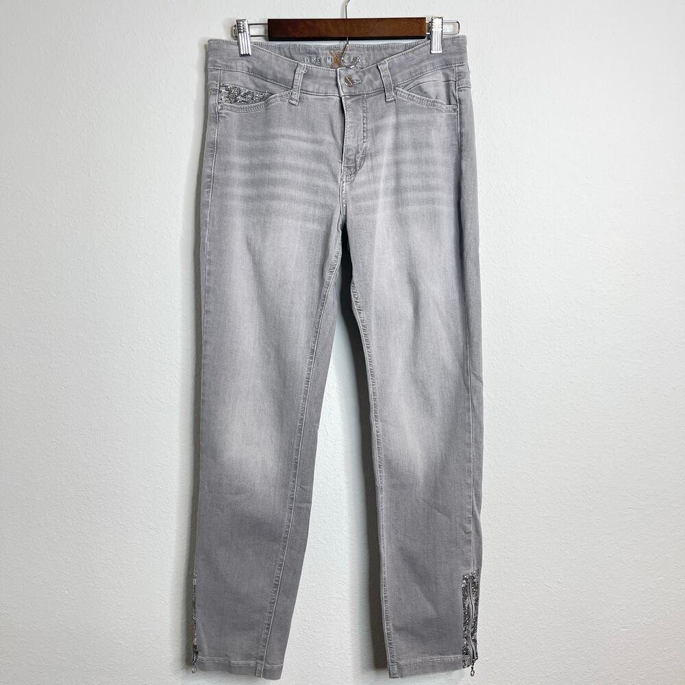 Dream Jeans by MAC Gray Cropped Jeans Rhinestone Ankle Zip Stretch Denim